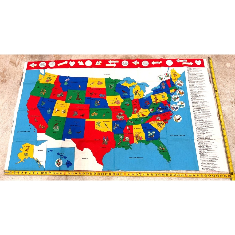 Vintage 1987 Fabric Traditions USA States Map Cotton Fabric Panel 59x36"